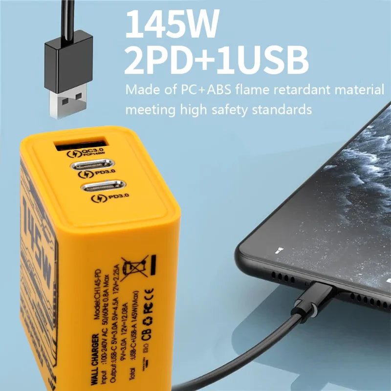 145W 3-Ports Phone Charger Ultra Fast Charging Type-C GaN USB-C QC 3.0 Super Charge Adapter For Huawei iPhone Samsung New